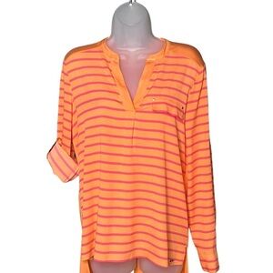 Calvin Klein Women Orange & Pink Striped Long Sleeve Roll Tab Blouse Sz Medium